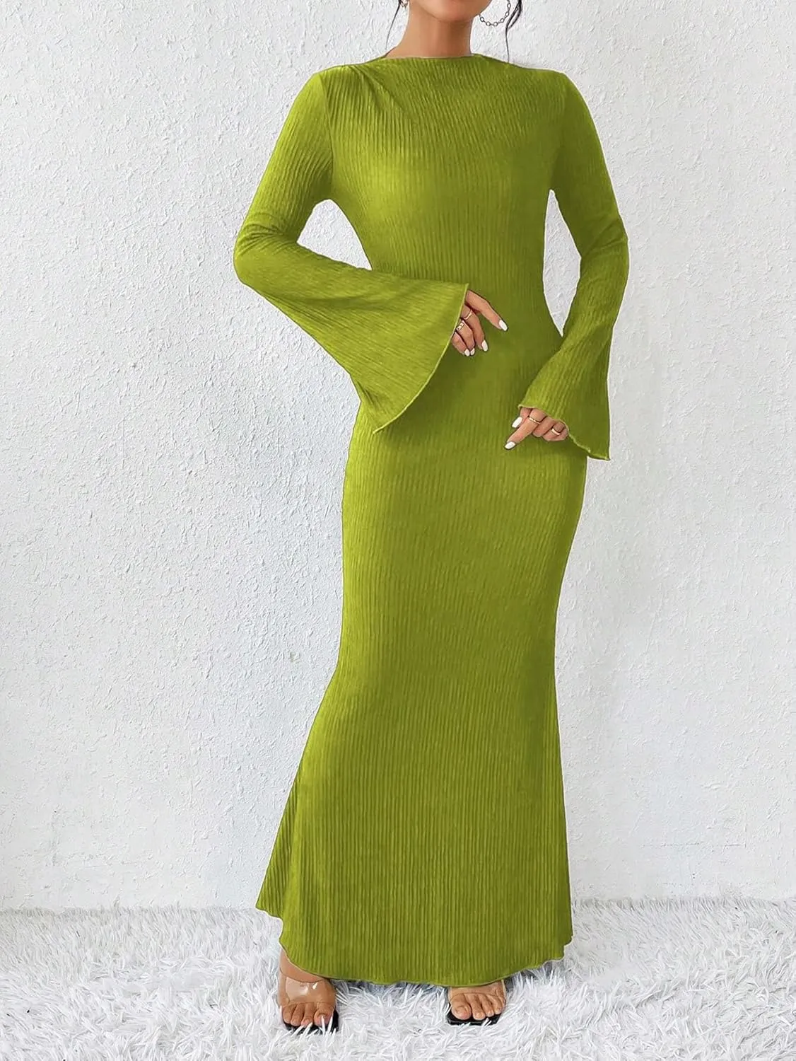 Narecte Women's Fall Maxi Dresses 2024 Boho Solid Color Mermaid Hem Flare Sleeve S-XL