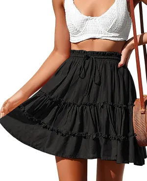 NASHALYLY Women's Summer Boho Floral Print Mini Skirt High Waist Drawstring Tiered Skirts