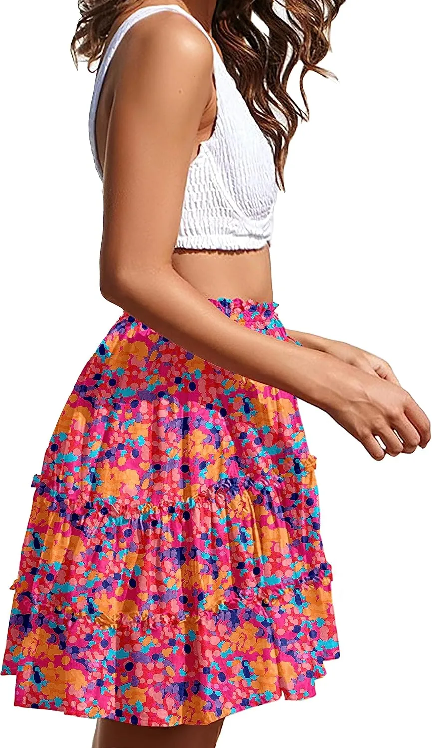 NASHALYLY Women's Summer Boho Floral Print Mini Skirt High Waist Drawstring Tiered Skirts