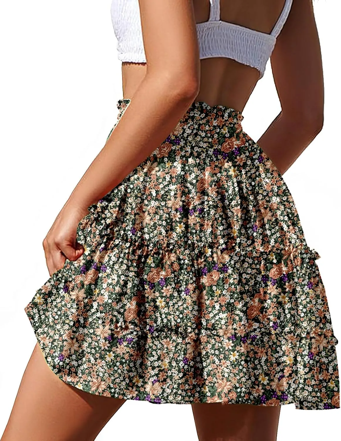 NASHALYLY Women's Summer Boho Floral Print Mini Skirt High Waist Drawstring Tiered Skirts
