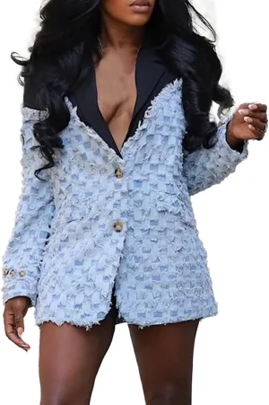 NRTHYE Women Denim Oversized Blazer Casual Plaid Color Block Patchwork Fringe Lapel Jean Suit Jackets