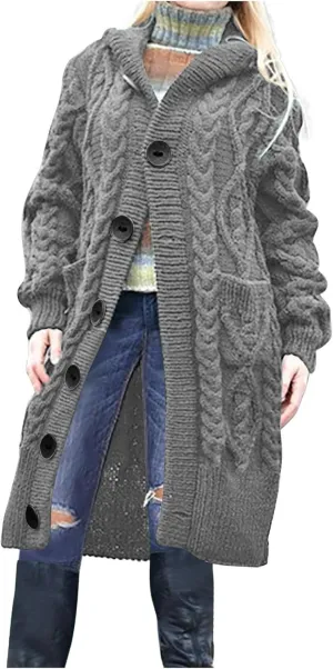 Oversized Hooded Cardigans for Women Cable Knit Sweaters Open Front Button Down Long Cardigans with Pockets