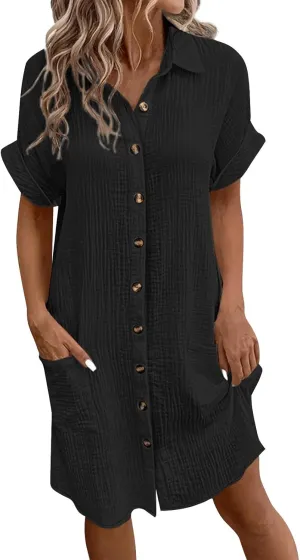 Palaver Summer Dresses for Women 2025 Casual Button Down Short Sleeve Tshirt Dress Boho Vacation Midi Dresses with Pockets