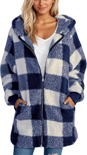 PETYCZEN Fleece Jacket Women Zip Up Fuzzy Sherpa Plaid Jacket with Hood Plus Size Teddy Coats Warm Fluffy Cardigan Jakcet