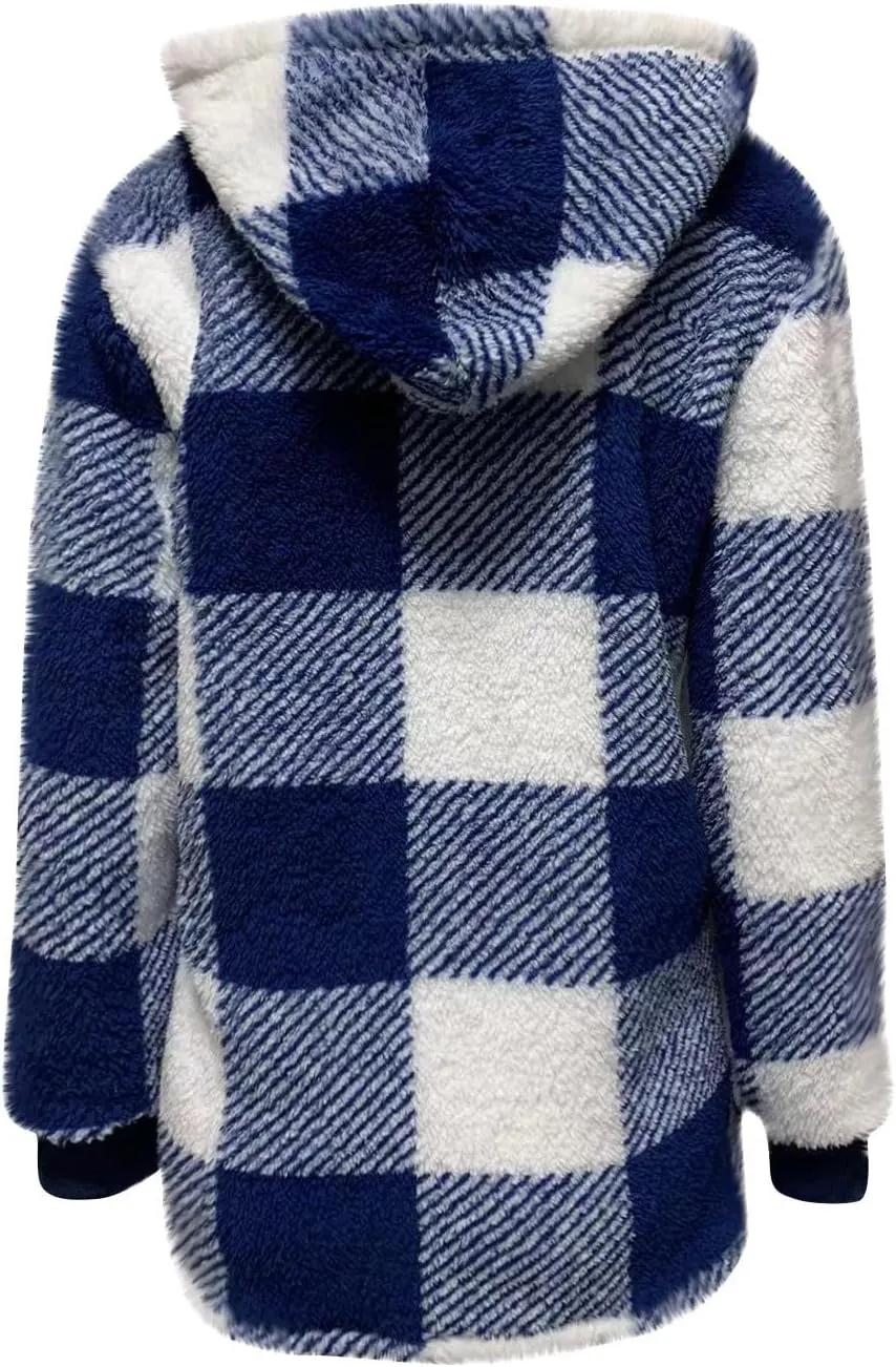 PETYCZEN Fleece Jacket Women Zip Up Fuzzy Sherpa Plaid Jacket with Hood Plus Size Teddy Coats Warm Fluffy Cardigan Jakcet