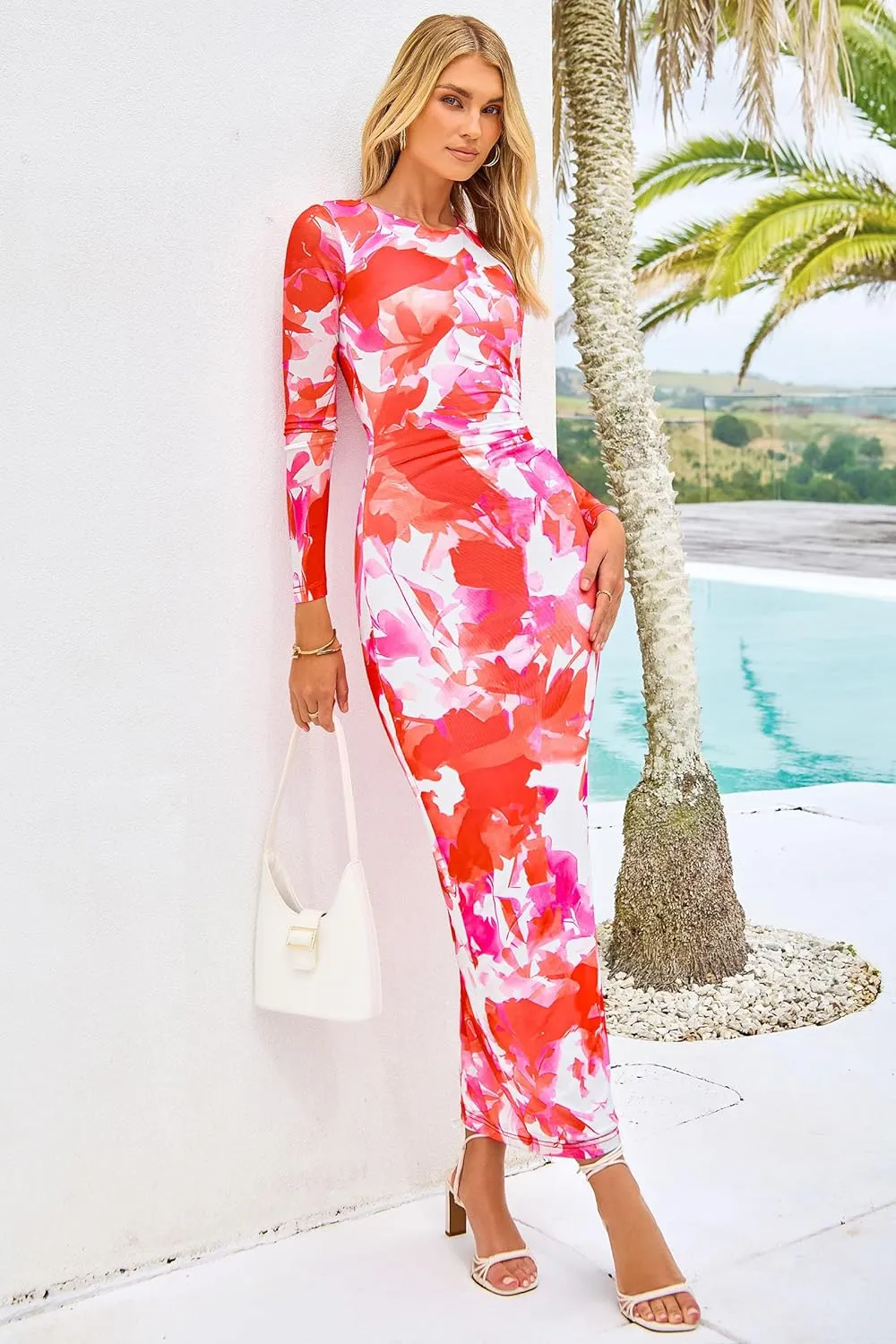 PRETTYGARDEN Women's Bodycon Maxi Dress Fall Spring Fashion Long Sleeve Floral Print Tight Fitted Party Club Ruched Dresses