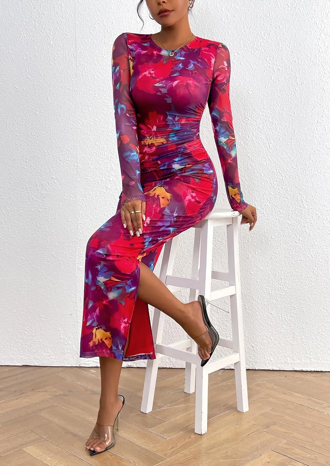 PRETTYGARDEN Women's Bodycon Maxi Dress Fall Spring Fashion Long Sleeve Floral Print Tight Fitted Party Club Ruched Dresses