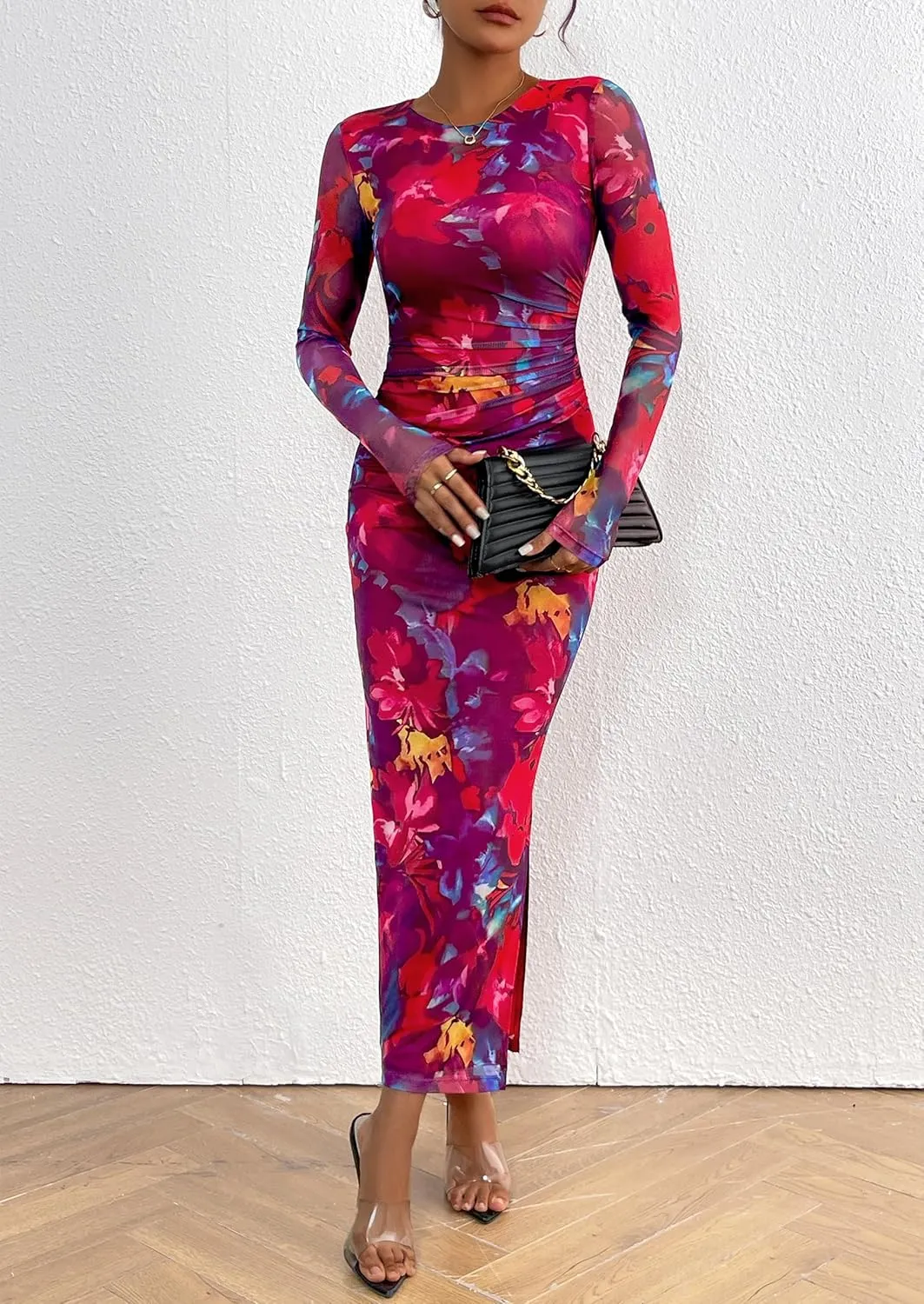 PRETTYGARDEN Women's Bodycon Maxi Dress Fall Spring Fashion Long Sleeve Floral Print Tight Fitted Party Club Ruched Dresses