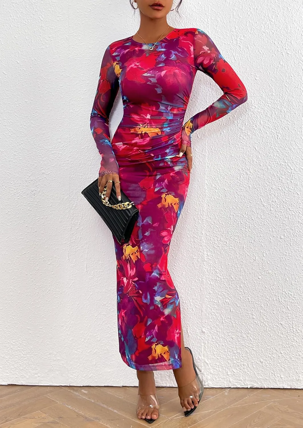 PRETTYGARDEN Women's Bodycon Maxi Dress Fall Spring Fashion Long Sleeve Floral Print Tight Fitted Party Club Ruched Dresses