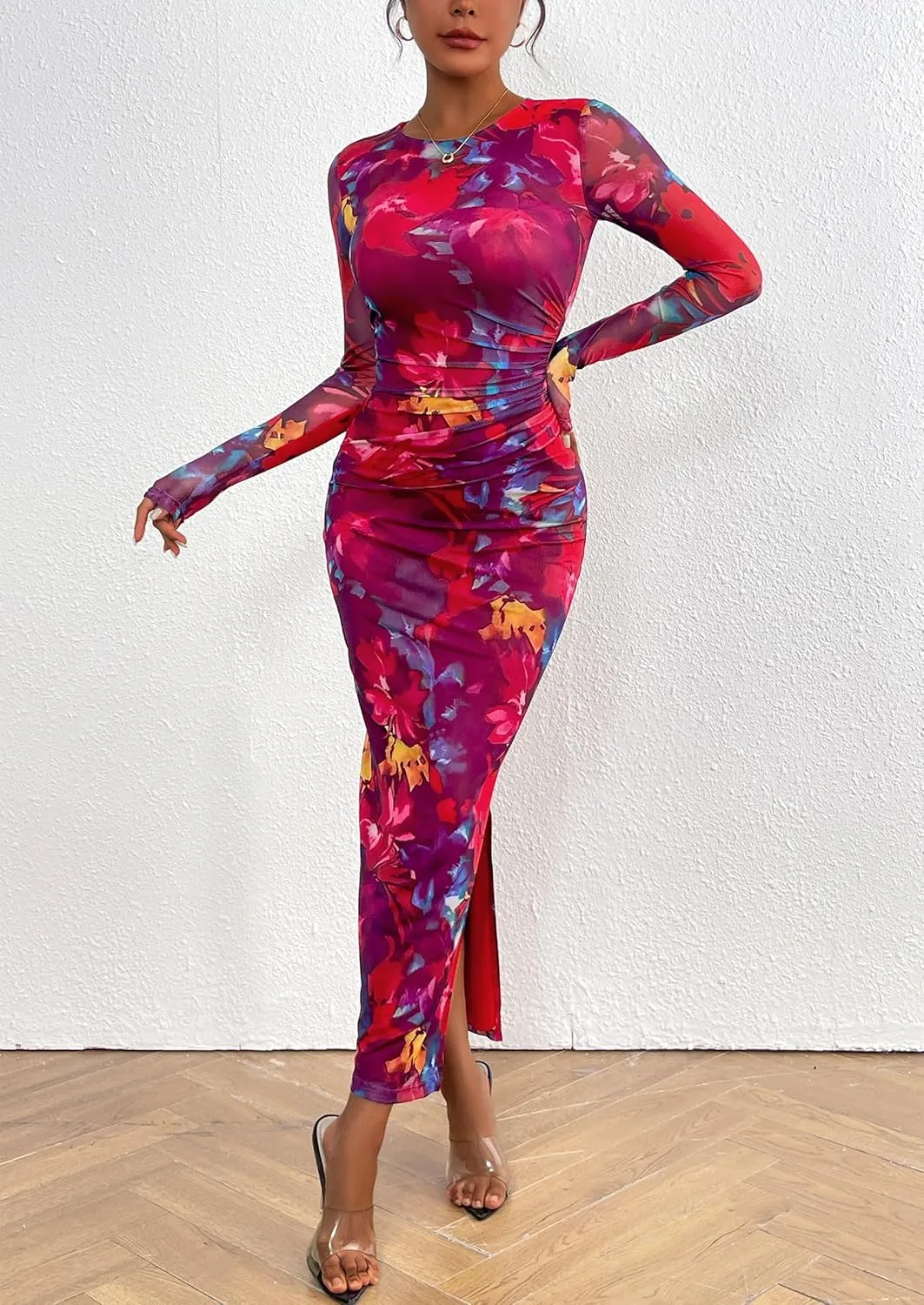 PRETTYGARDEN Women's Bodycon Maxi Dress Fall Spring Fashion Long Sleeve Floral Print Tight Fitted Party Club Ruched Dresses
