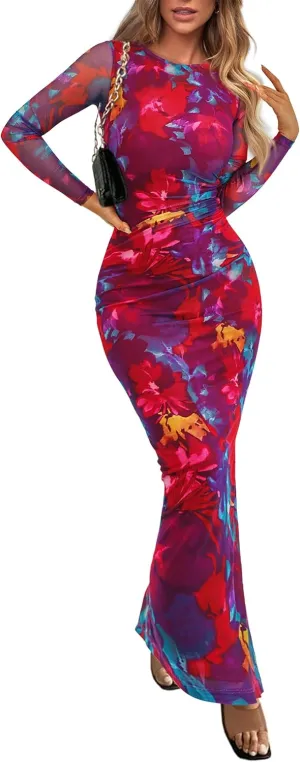 PRETTYGARDEN Women's Bodycon Maxi Dress Fall Spring Fashion Long Sleeve Floral Print Tight Fitted Party Club Ruched Dresses