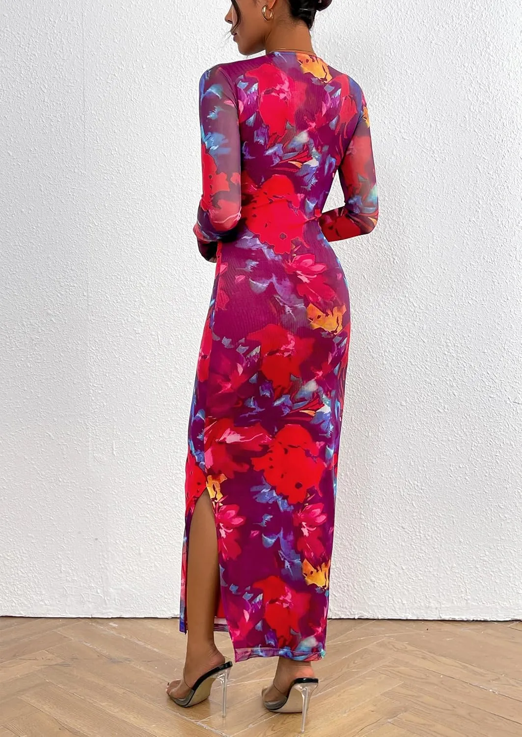 PRETTYGARDEN Women's Bodycon Maxi Dress Fall Spring Fashion Long Sleeve Floral Print Tight Fitted Party Club Ruched Dresses