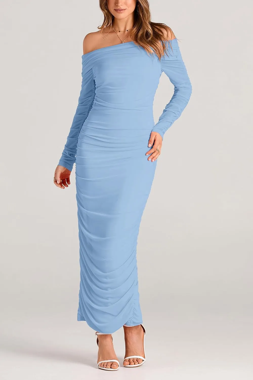 PRETTYGARDEN Women's Fall Off Shoulder Maxi Bodycon Dress Long Sleeve Ruched Fitted Club Dresses with Slit