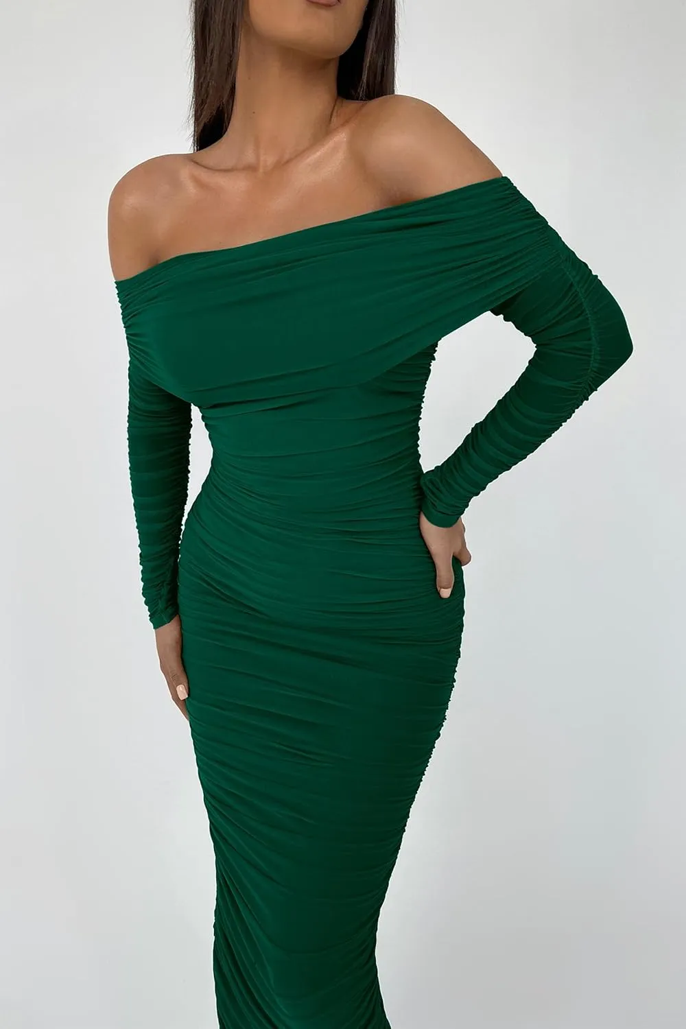 PRETTYGARDEN Women's Fall Off Shoulder Maxi Bodycon Dress Long Sleeve Ruched Fitted Club Dresses with Slit