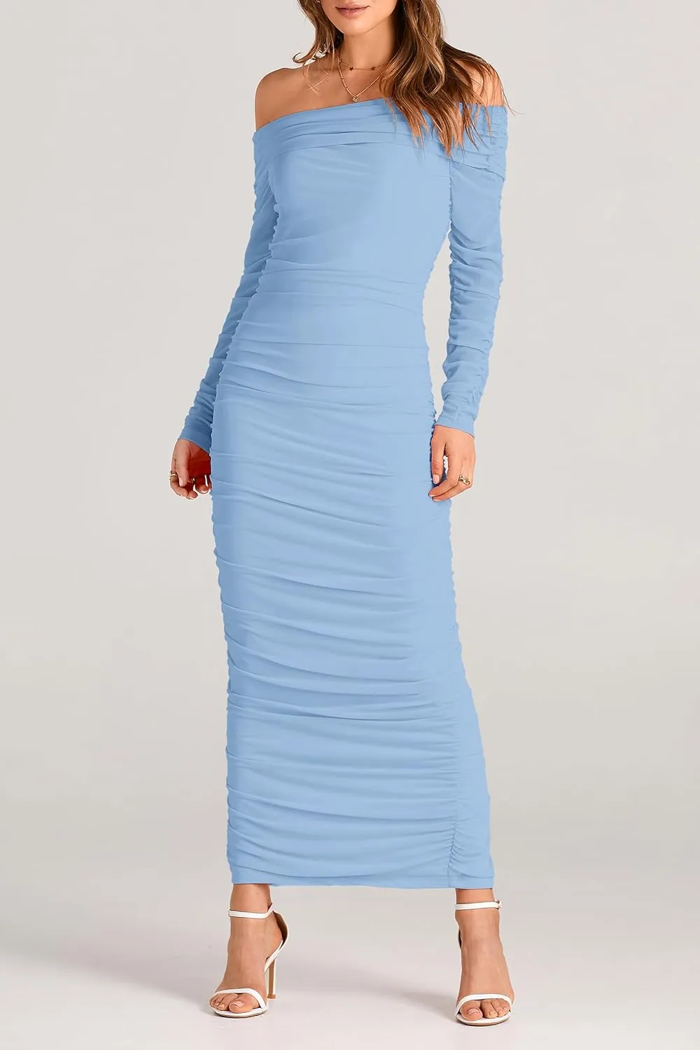 PRETTYGARDEN Women's Fall Off Shoulder Maxi Bodycon Dress Long Sleeve Ruched Fitted Club Dresses with Slit