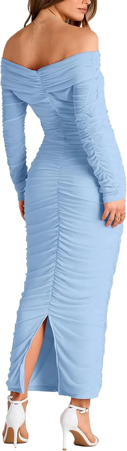 PRETTYGARDEN Women's Fall Off Shoulder Maxi Bodycon Dress Long Sleeve Ruched Fitted Club Dresses with Slit
