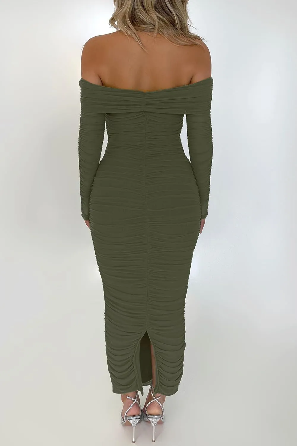 PRETTYGARDEN Women's Fall Off Shoulder Maxi Bodycon Dress Long Sleeve Ruched Fitted Club Dresses with Slit