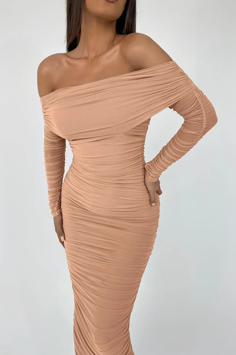 PRETTYGARDEN Women's Fall Off Shoulder Maxi Bodycon Dress Long Sleeve Ruched Fitted Club Dresses with Slit
