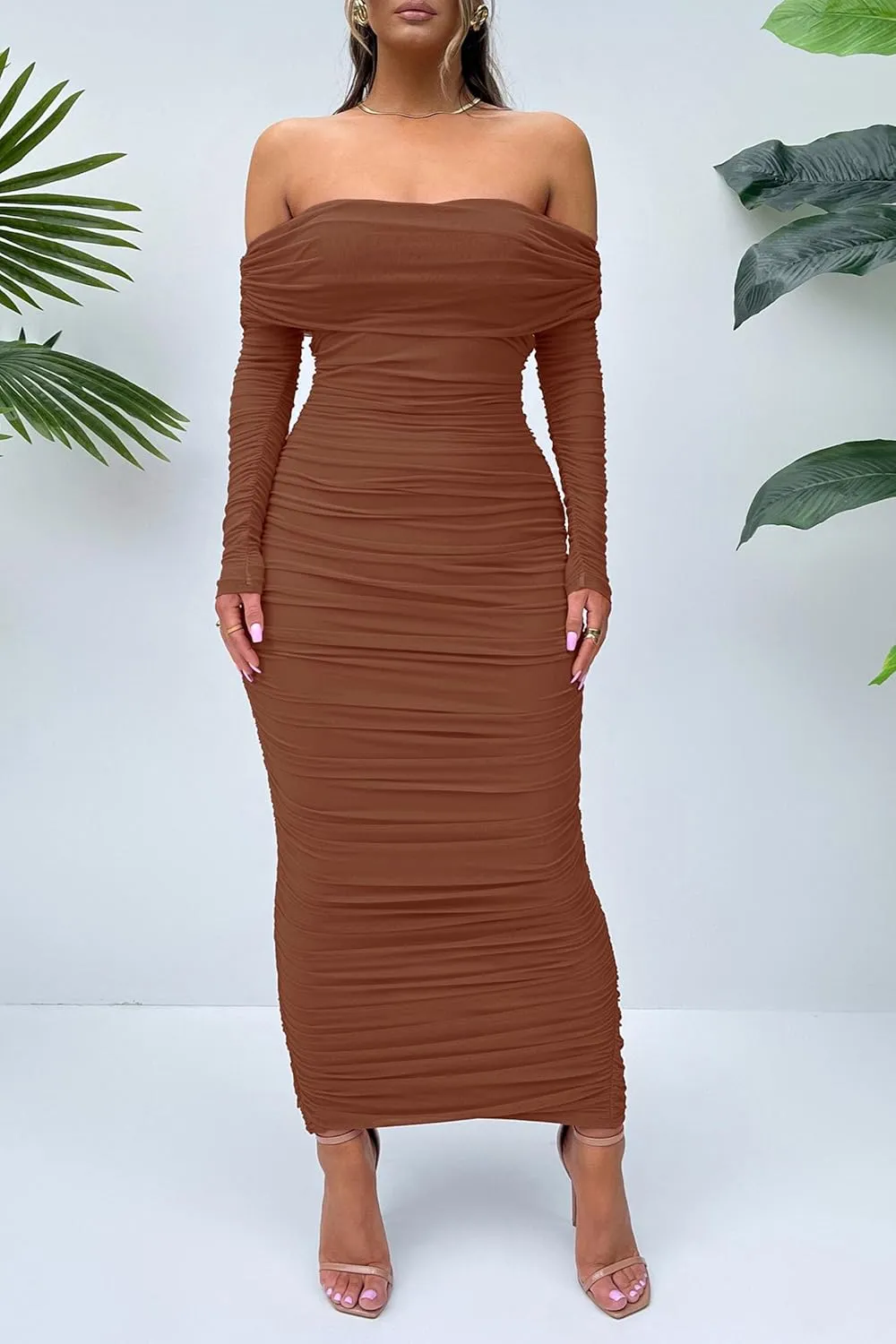 PRETTYGARDEN Women's Fall Off Shoulder Maxi Bodycon Dress Long Sleeve Ruched Fitted Club Dresses with Slit