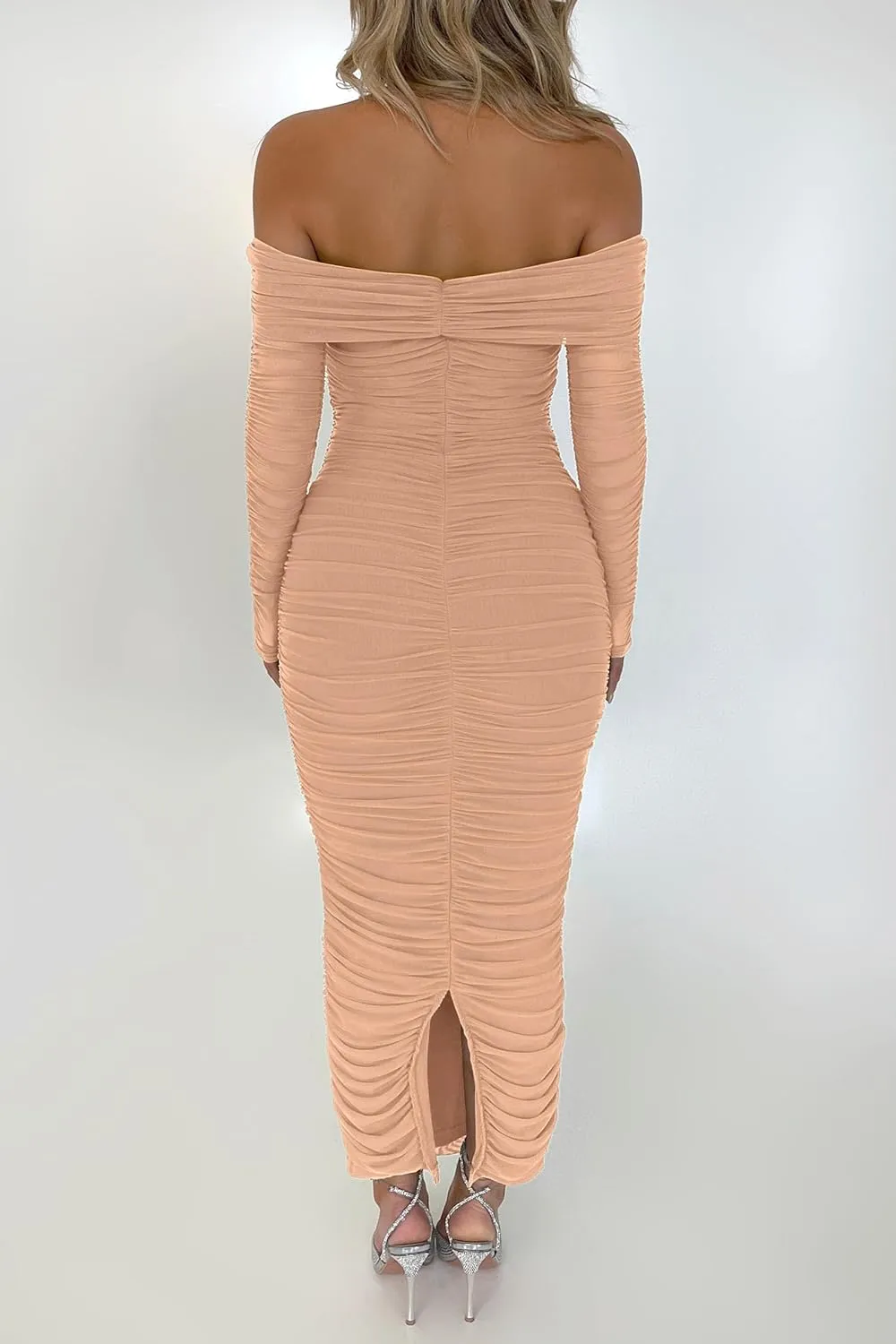 PRETTYGARDEN Women's Fall Off Shoulder Maxi Bodycon Dress Long Sleeve Ruched Fitted Club Dresses with Slit