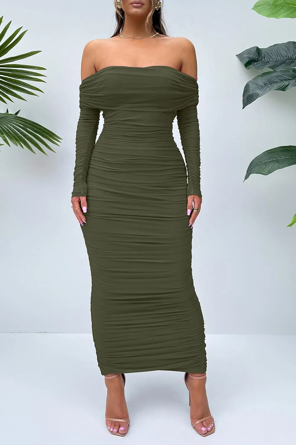 PRETTYGARDEN Women's Fall Off Shoulder Maxi Bodycon Dress Long Sleeve Ruched Fitted Club Dresses with Slit