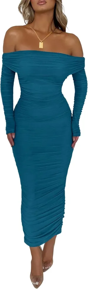 PRETTYGARDEN Women's Fall Off Shoulder Maxi Bodycon Dress Long Sleeve Ruched Fitted Club Dresses with Slit