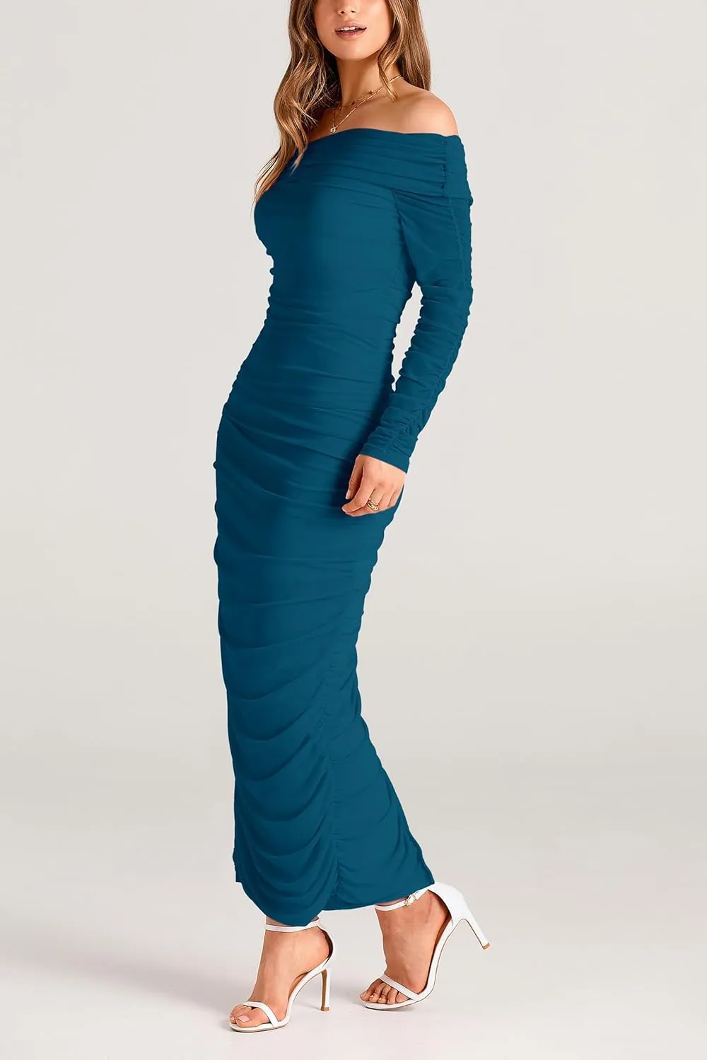 PRETTYGARDEN Women's Fall Off Shoulder Maxi Bodycon Dress Long Sleeve Ruched Fitted Club Dresses with Slit