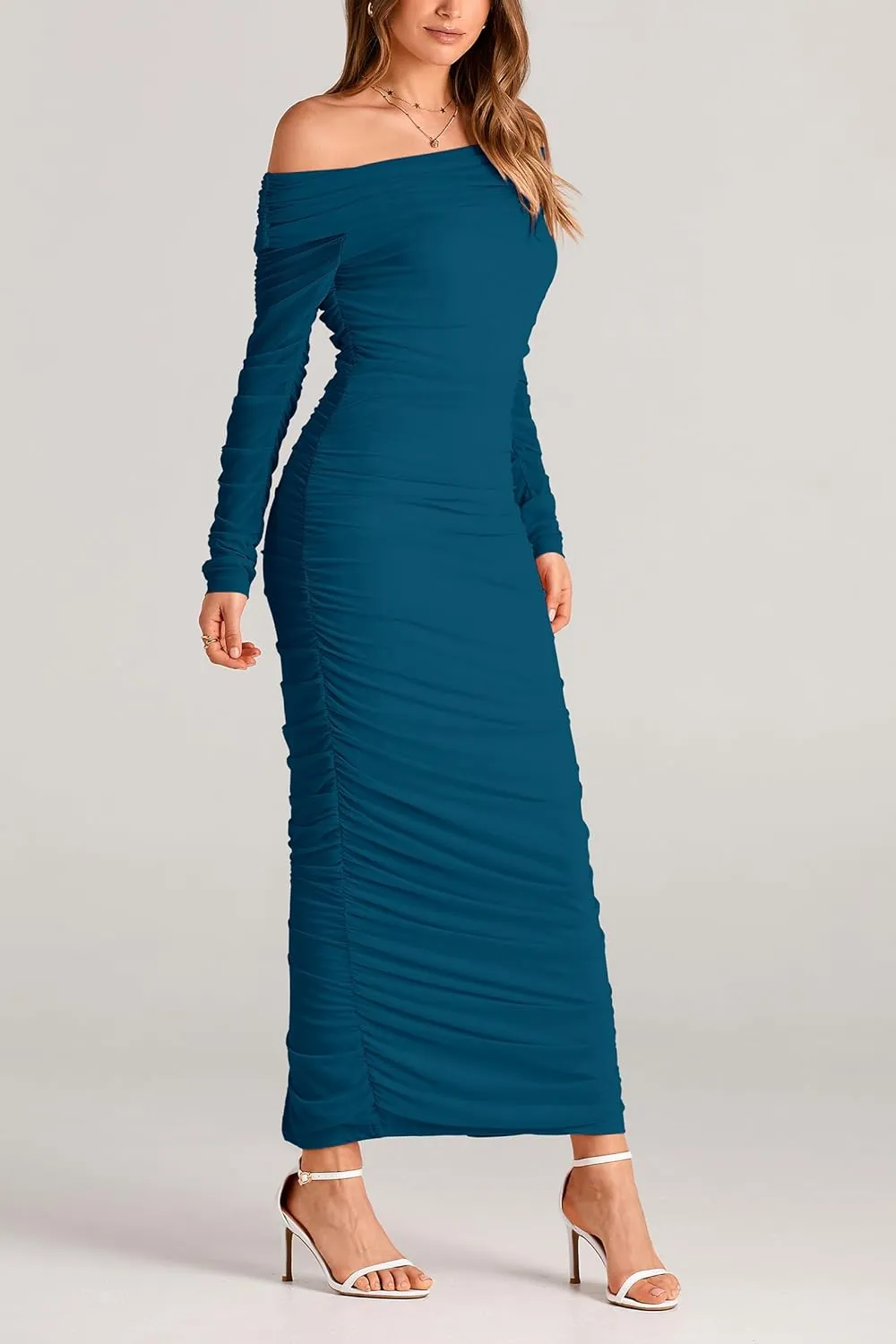 PRETTYGARDEN Women's Fall Off Shoulder Maxi Bodycon Dress Long Sleeve Ruched Fitted Club Dresses with Slit