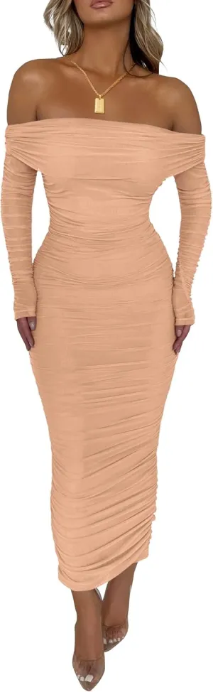 PRETTYGARDEN Women's Fall Off Shoulder Maxi Bodycon Dress Long Sleeve Ruched Fitted Club Dresses with Slit