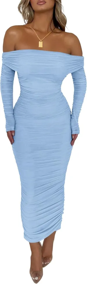 PRETTYGARDEN Women's Fall Off Shoulder Maxi Bodycon Dress Long Sleeve Ruched Fitted Club Dresses with Slit