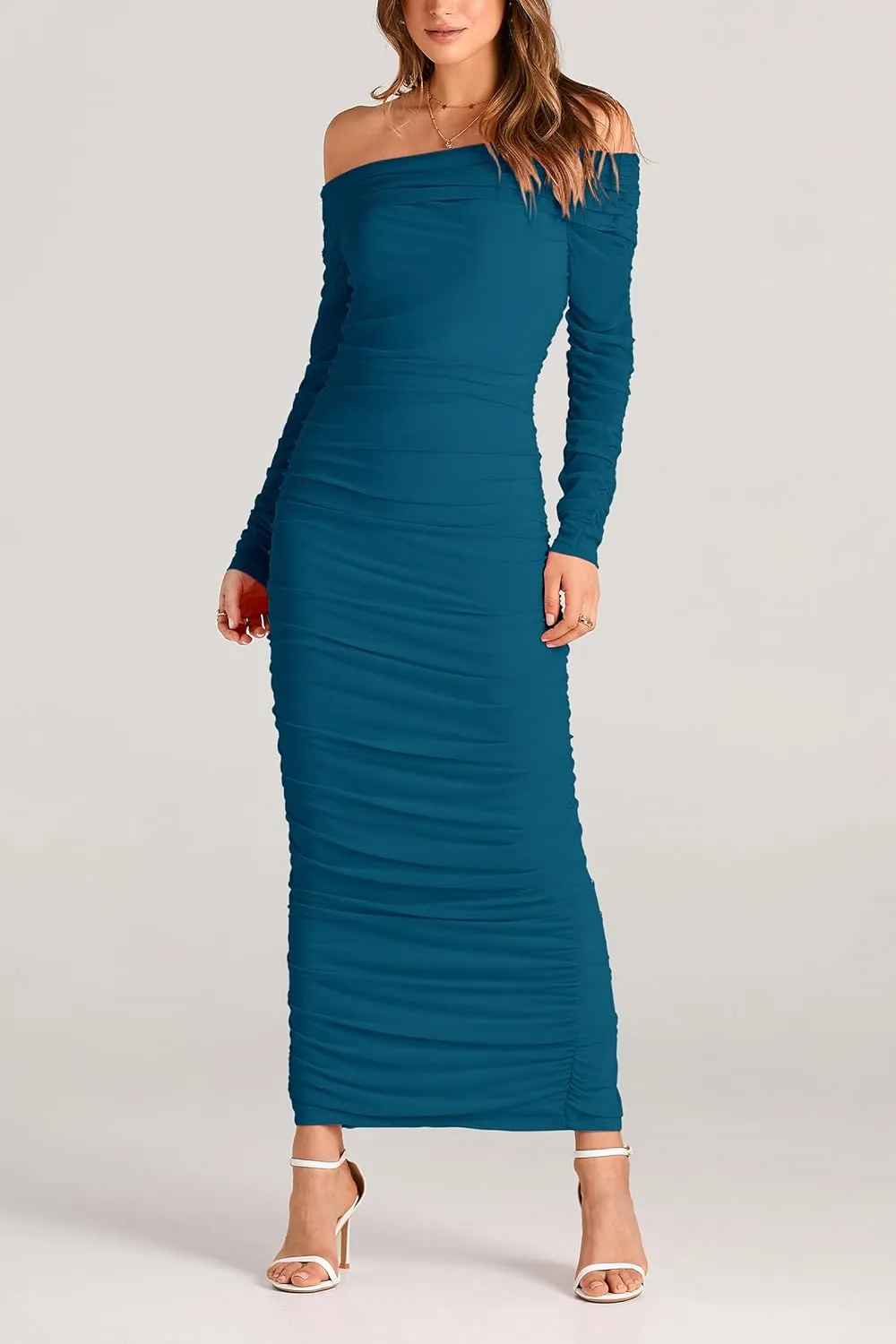 PRETTYGARDEN Women's Fall Off Shoulder Maxi Bodycon Dress Long Sleeve Ruched Fitted Club Dresses with Slit