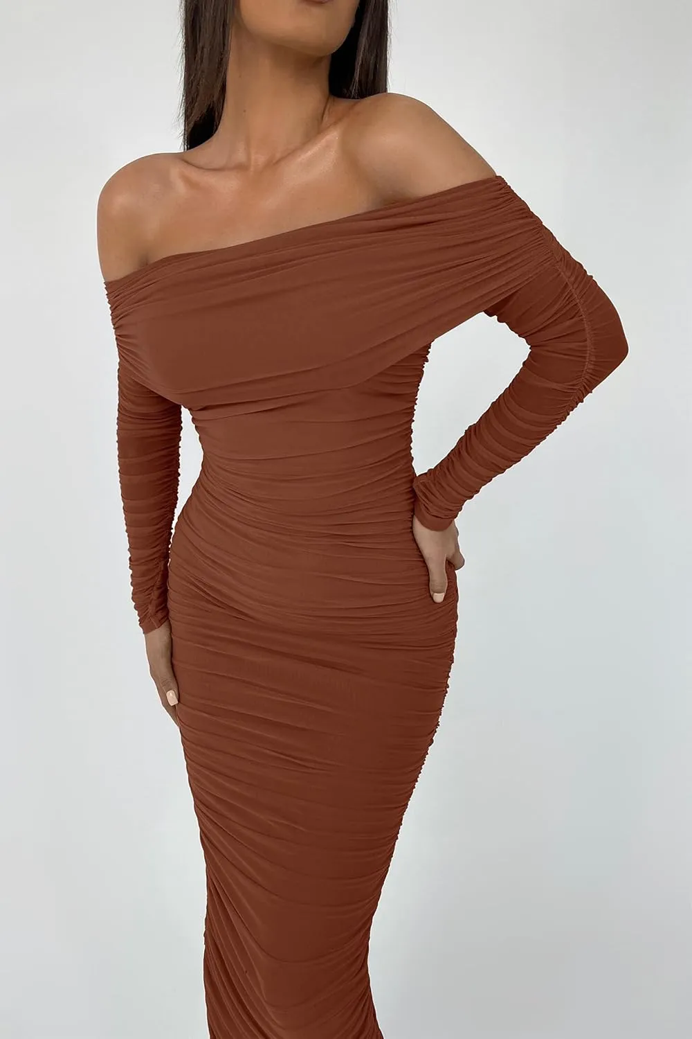 PRETTYGARDEN Women's Fall Off Shoulder Maxi Bodycon Dress Long Sleeve Ruched Fitted Club Dresses with Slit