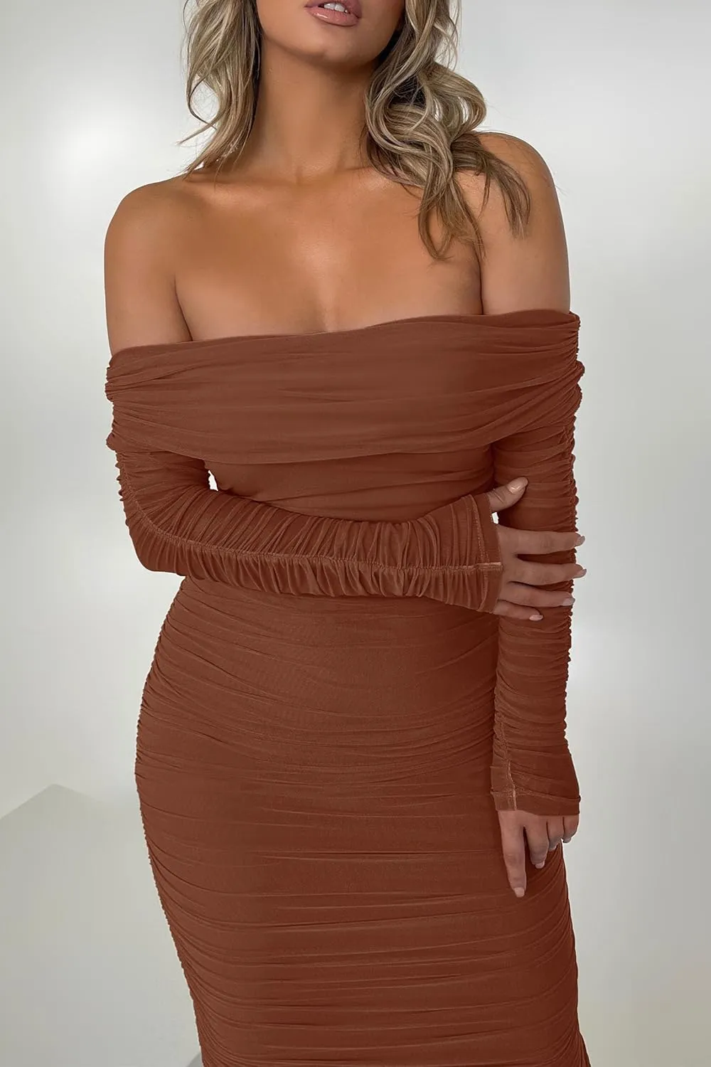 PRETTYGARDEN Women's Fall Off Shoulder Maxi Bodycon Dress Long Sleeve Ruched Fitted Club Dresses with Slit