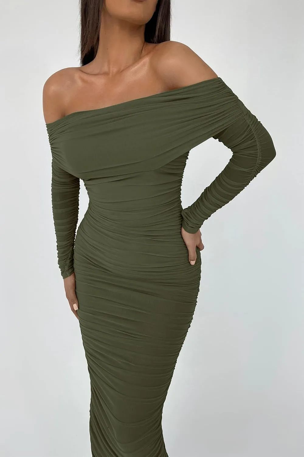 PRETTYGARDEN Women's Fall Off Shoulder Maxi Bodycon Dress Long Sleeve Ruched Fitted Club Dresses with Slit