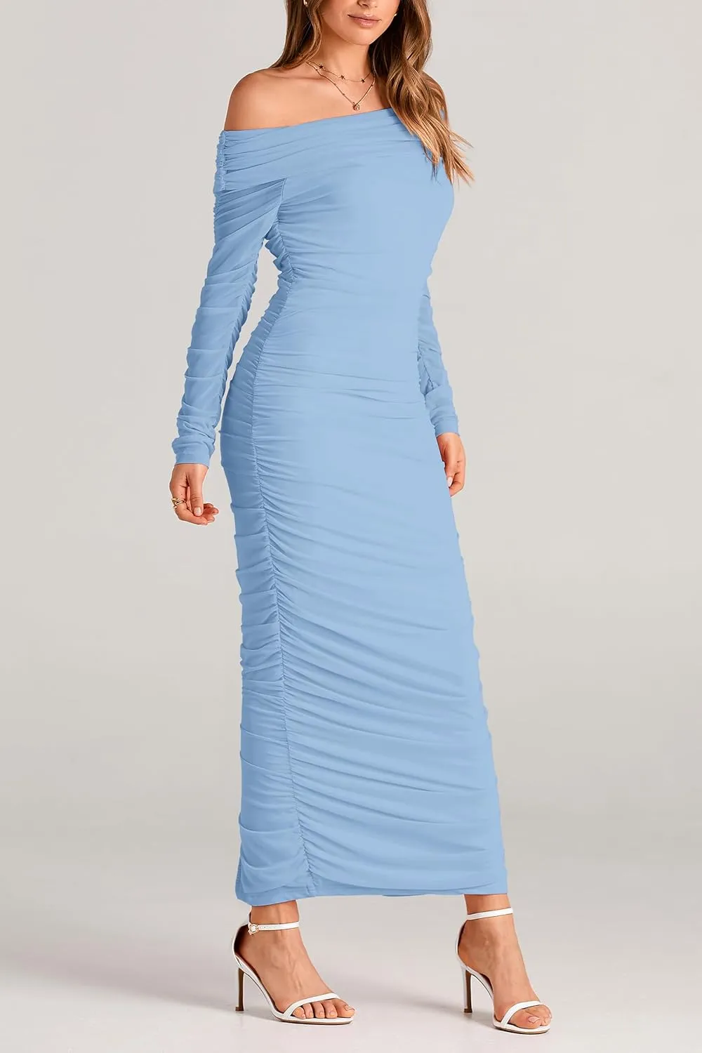 PRETTYGARDEN Women's Fall Off Shoulder Maxi Bodycon Dress Long Sleeve Ruched Fitted Club Dresses with Slit