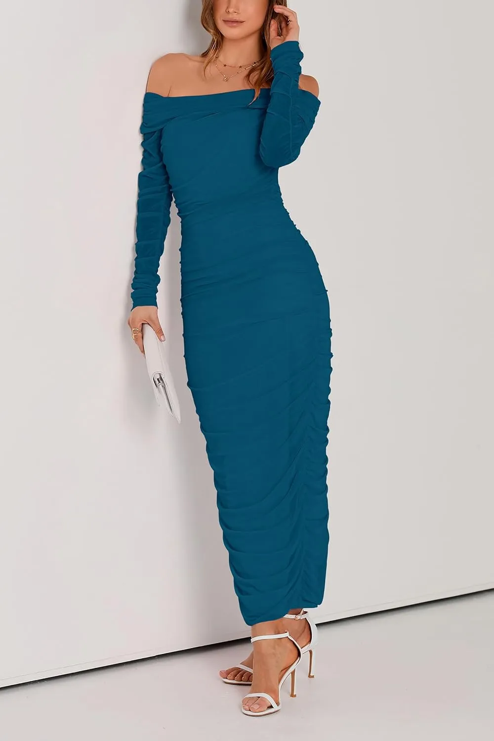 PRETTYGARDEN Women's Fall Off Shoulder Maxi Bodycon Dress Long Sleeve Ruched Fitted Club Dresses with Slit