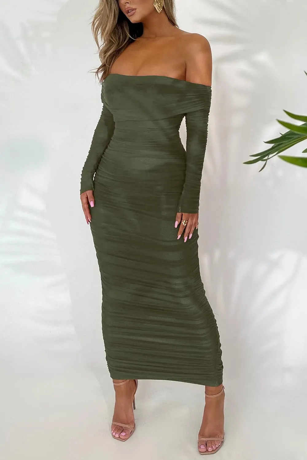 PRETTYGARDEN Women's Fall Off Shoulder Maxi Bodycon Dress Long Sleeve Ruched Fitted Club Dresses with Slit