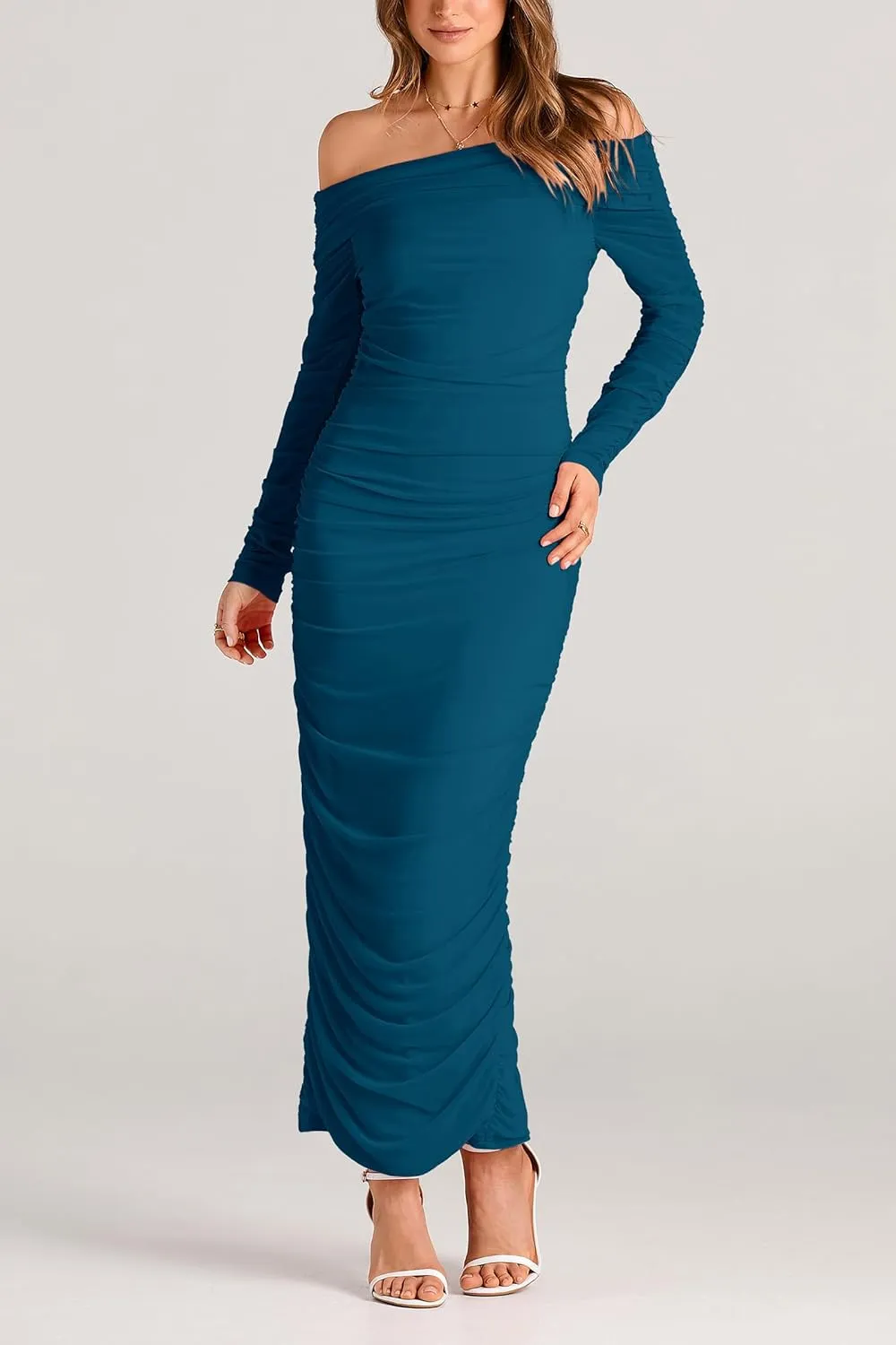 PRETTYGARDEN Women's Fall Off Shoulder Maxi Bodycon Dress Long Sleeve Ruched Fitted Club Dresses with Slit