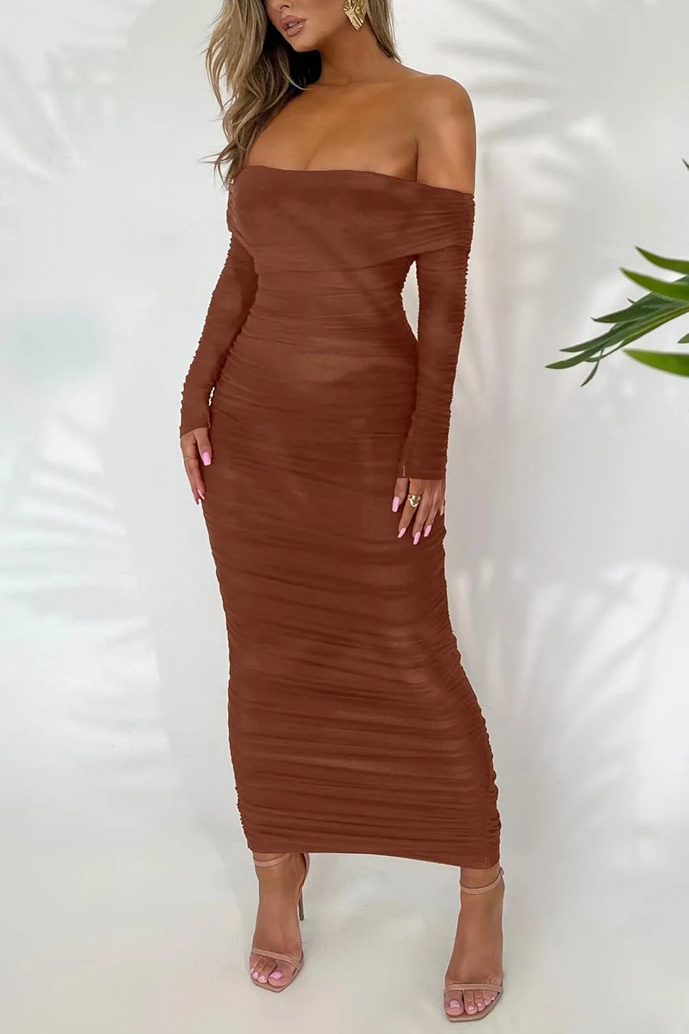 PRETTYGARDEN Women's Fall Off Shoulder Maxi Bodycon Dress Long Sleeve Ruched Fitted Club Dresses with Slit