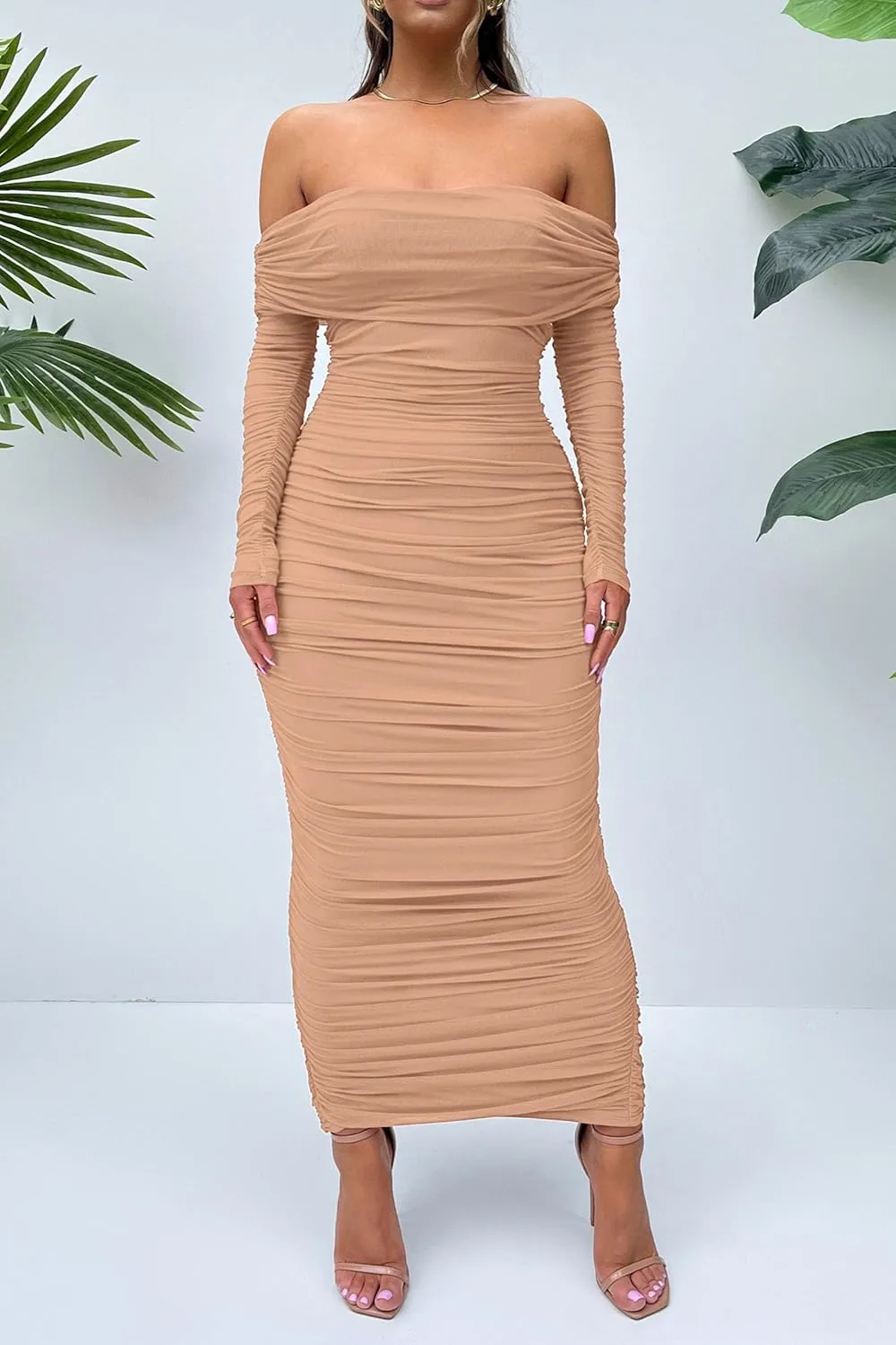 PRETTYGARDEN Women's Fall Off Shoulder Maxi Bodycon Dress Long Sleeve Ruched Fitted Club Dresses with Slit