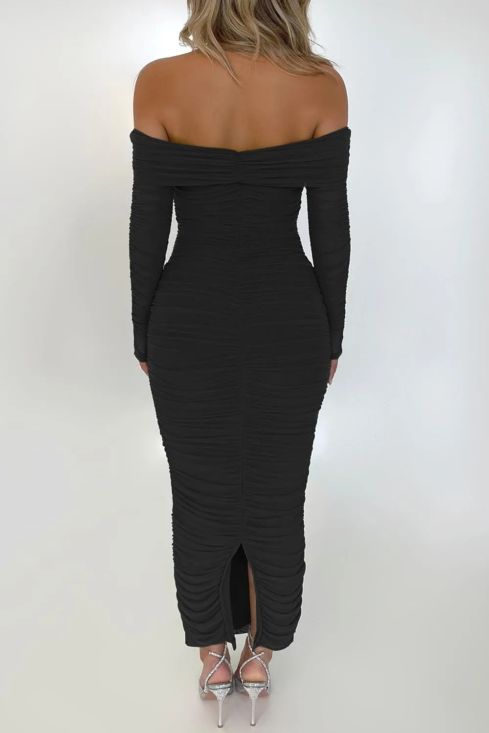 PRETTYGARDEN Women's Fall Off Shoulder Maxi Bodycon Dress Long Sleeve Ruched Fitted Club Dresses with Slit