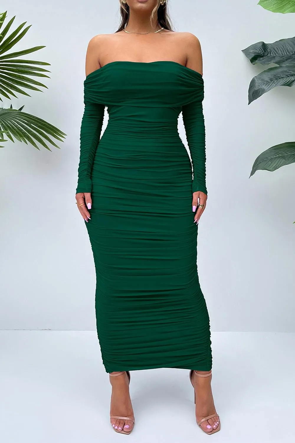 PRETTYGARDEN Women's Fall Off Shoulder Maxi Bodycon Dress Long Sleeve Ruched Fitted Club Dresses with Slit