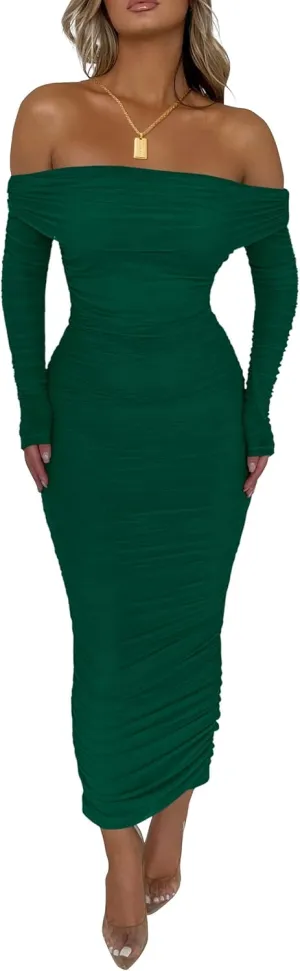 PRETTYGARDEN Women's Fall Off Shoulder Maxi Bodycon Dress Long Sleeve Ruched Fitted Club Dresses with Slit