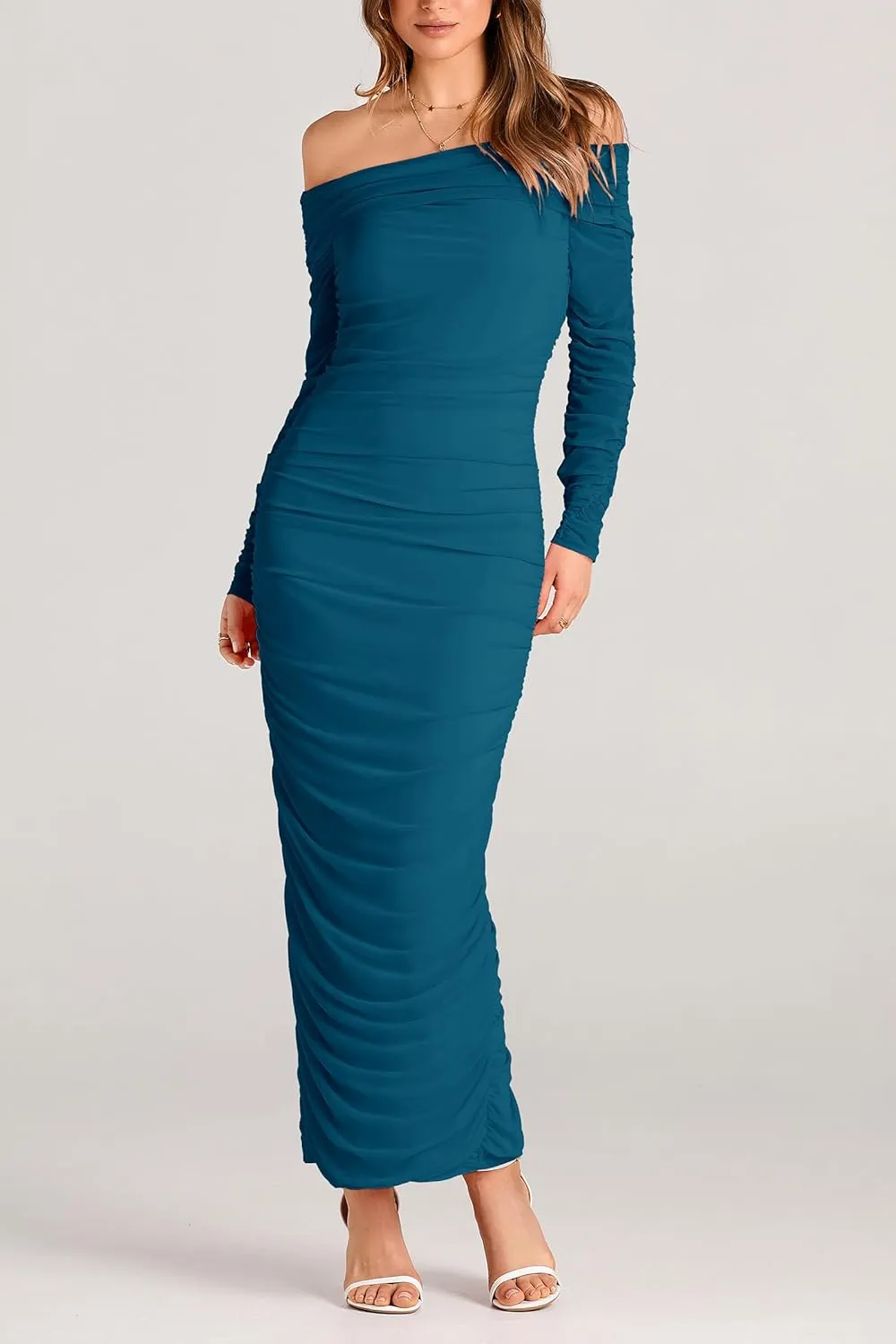 PRETTYGARDEN Women's Fall Off Shoulder Maxi Bodycon Dress Long Sleeve Ruched Fitted Club Dresses with Slit