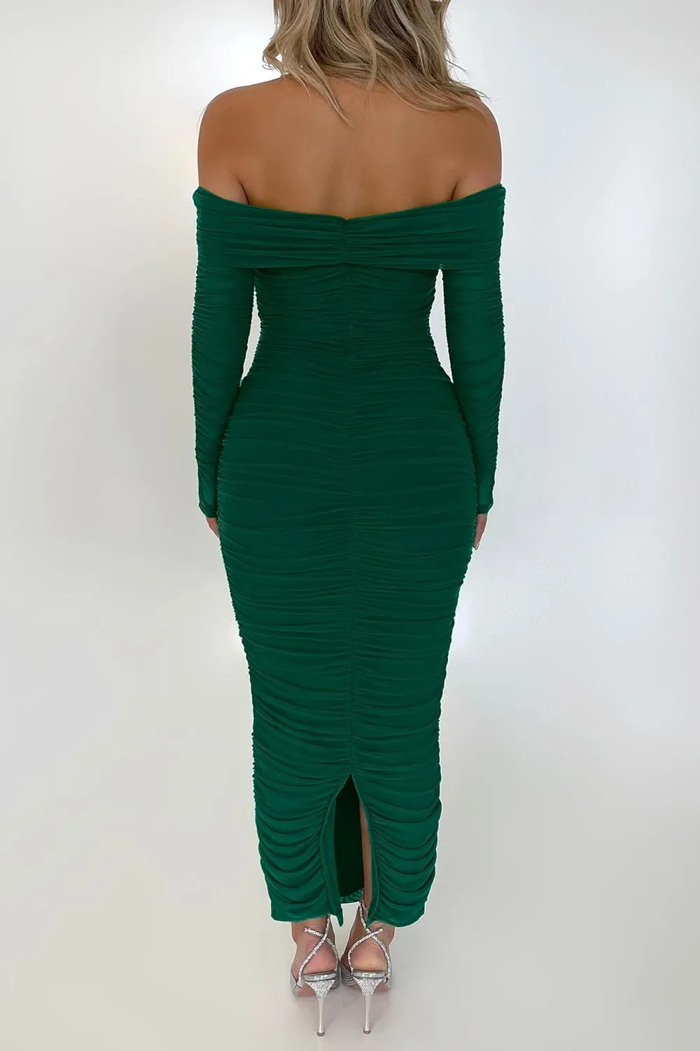 PRETTYGARDEN Women's Fall Off Shoulder Maxi Bodycon Dress Long Sleeve Ruched Fitted Club Dresses with Slit