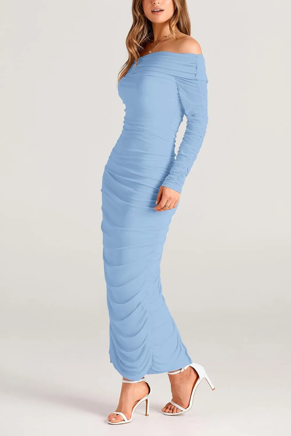 PRETTYGARDEN Women's Fall Off Shoulder Maxi Bodycon Dress Long Sleeve Ruched Fitted Club Dresses with Slit