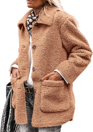 PRETTYGARDEN Women's Winter Faux Fur Coats Long Sleeve Lapel Button Down Pockets Fleece Sherpa Jacket Casual Trendy Outerwear