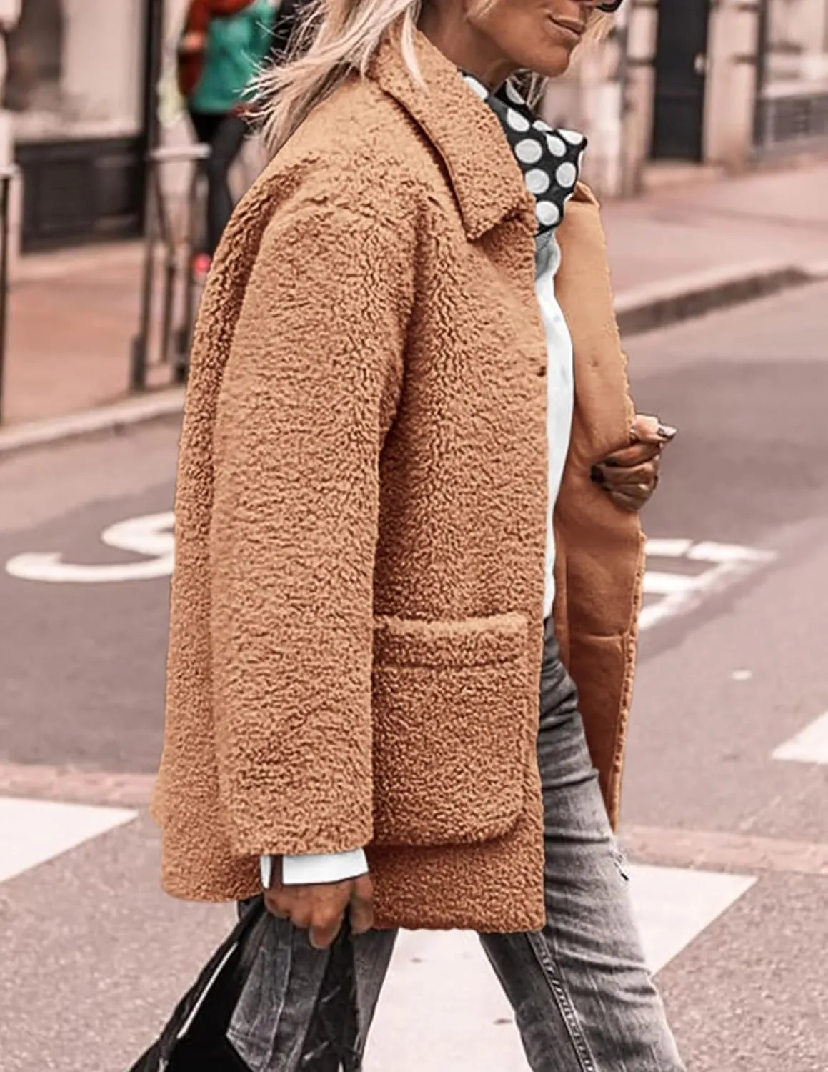 PRETTYGARDEN Women's Winter Faux Fur Coats Long Sleeve Lapel Button Down Pockets Fleece Sherpa Jacket Casual Trendy Outerwear