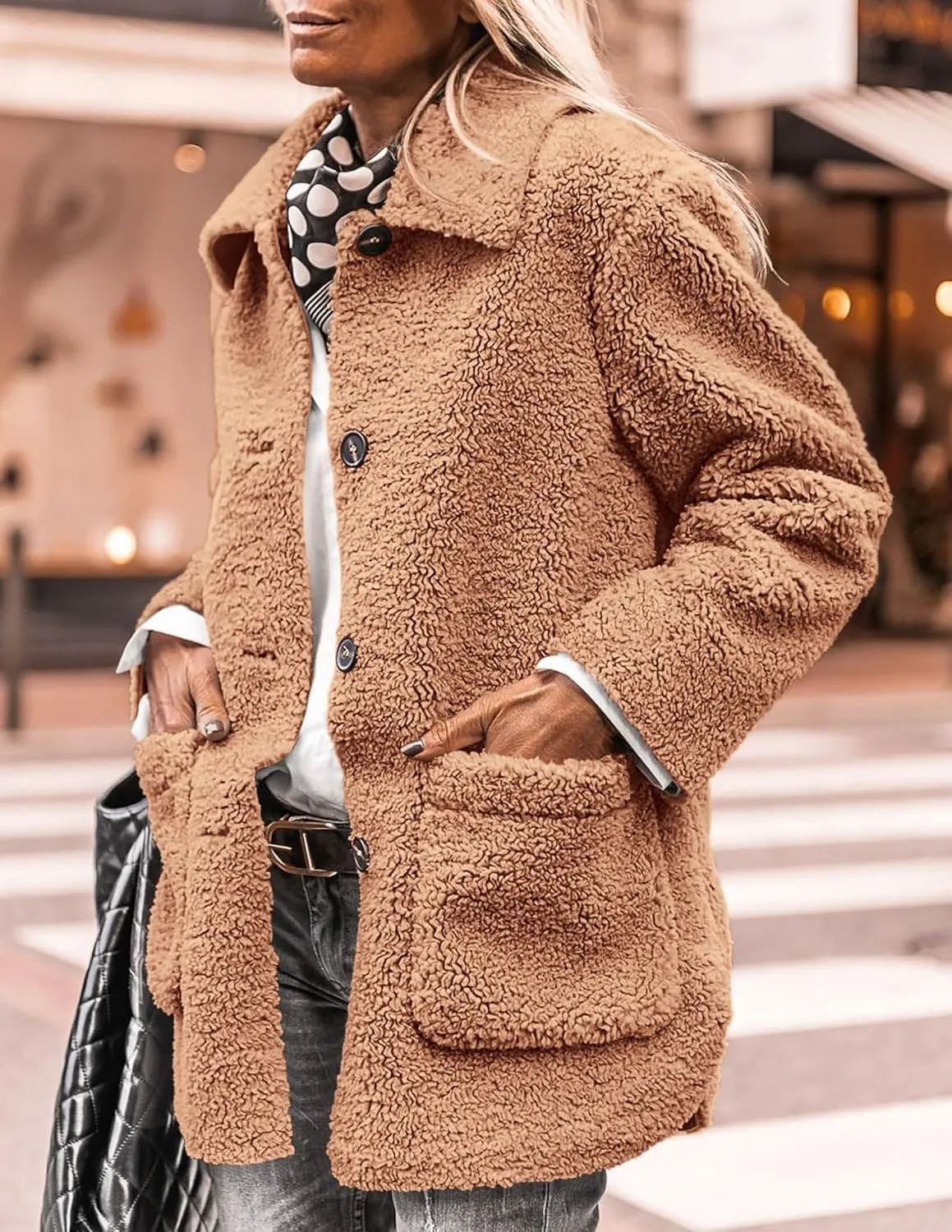PRETTYGARDEN Women's Winter Faux Fur Coats Long Sleeve Lapel Button Down Pockets Fleece Sherpa Jacket Casual Trendy Outerwear