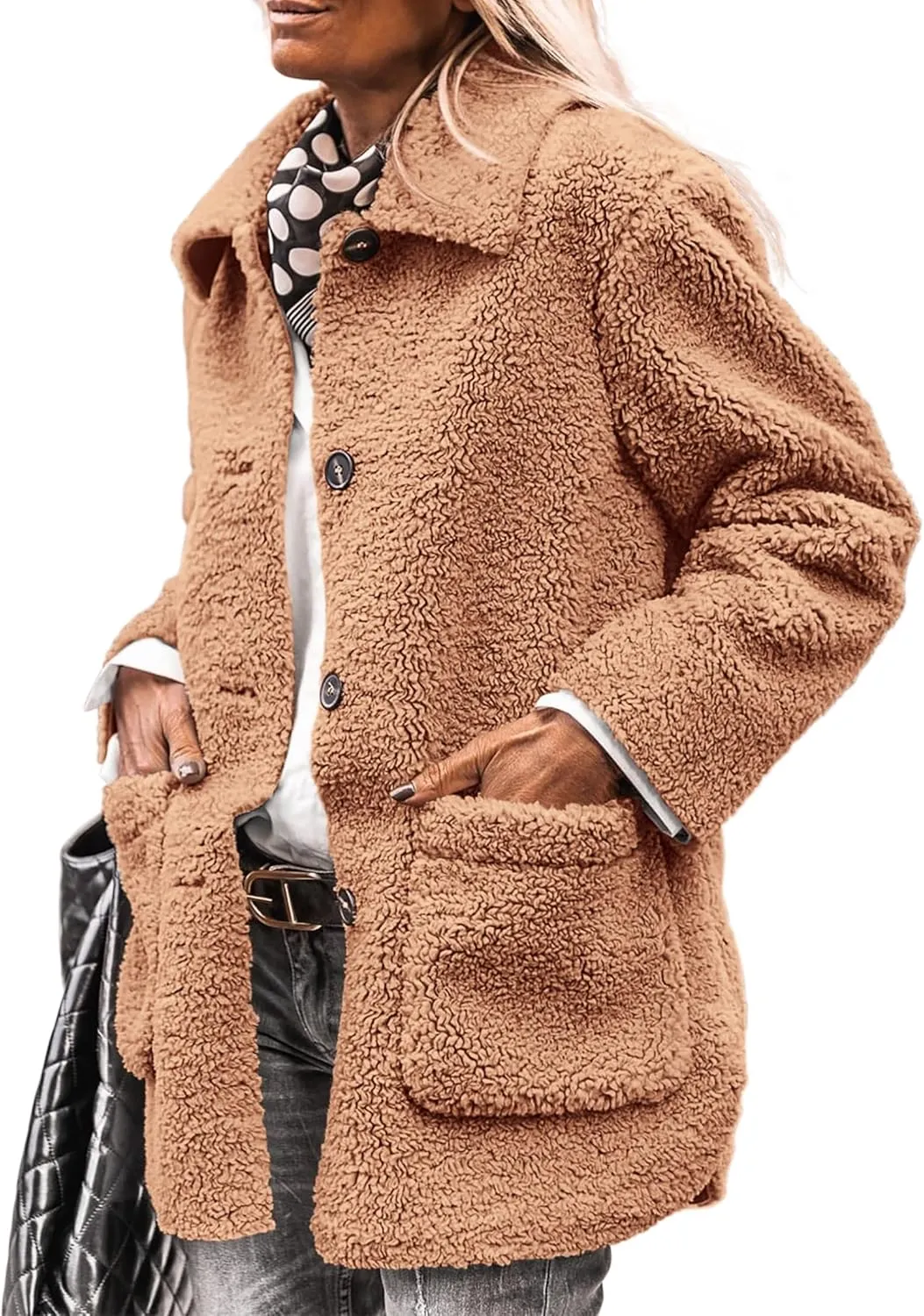 PRETTYGARDEN Women's Winter Faux Fur Coats Long Sleeve Lapel Button Down Pockets Fleece Sherpa Jacket Casual Trendy Outerwear